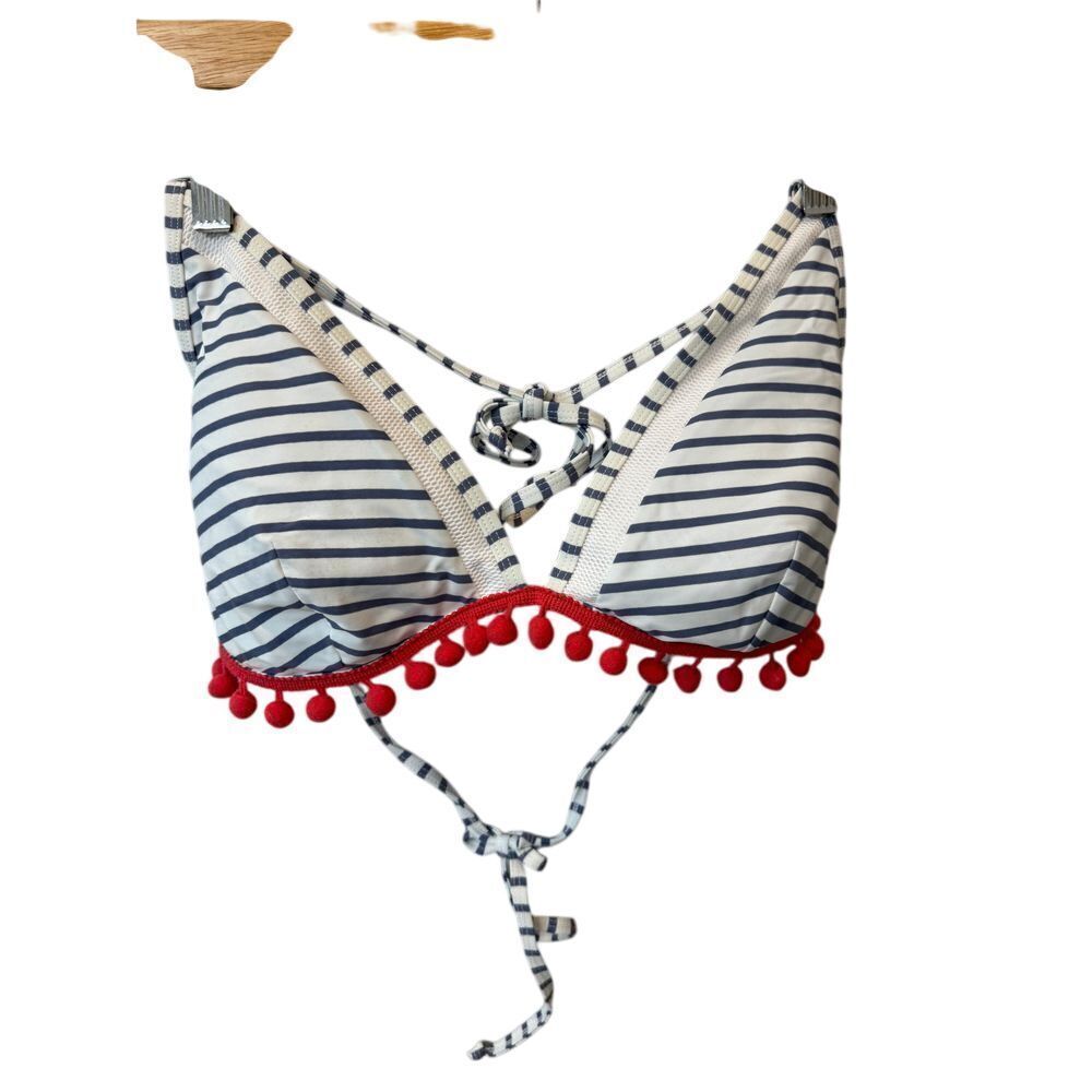 Cocoshop Nautical Striped Bikini Top‎ with Red Pom Pom Trim Swimwear XL - Picture 2 of 5